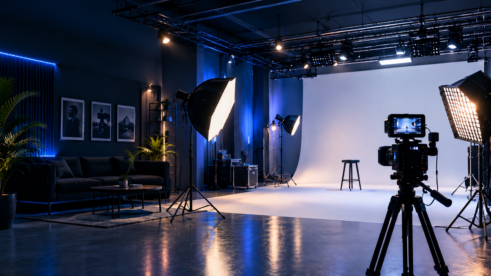 Professional video production studio with a camera, lighting, and white cyclorama